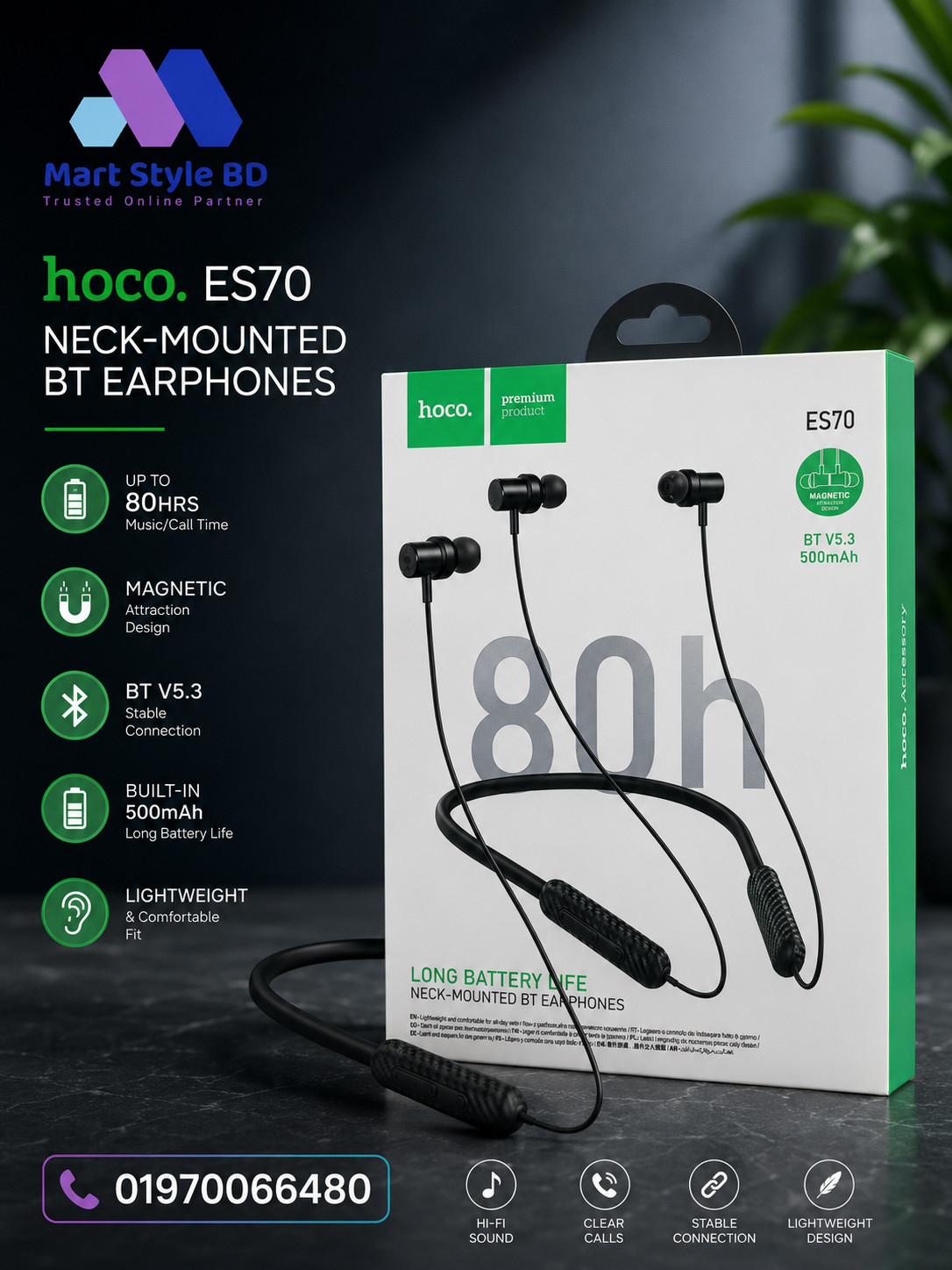 hoco. ES70 Neck-Mounted Bluetooth Earphones